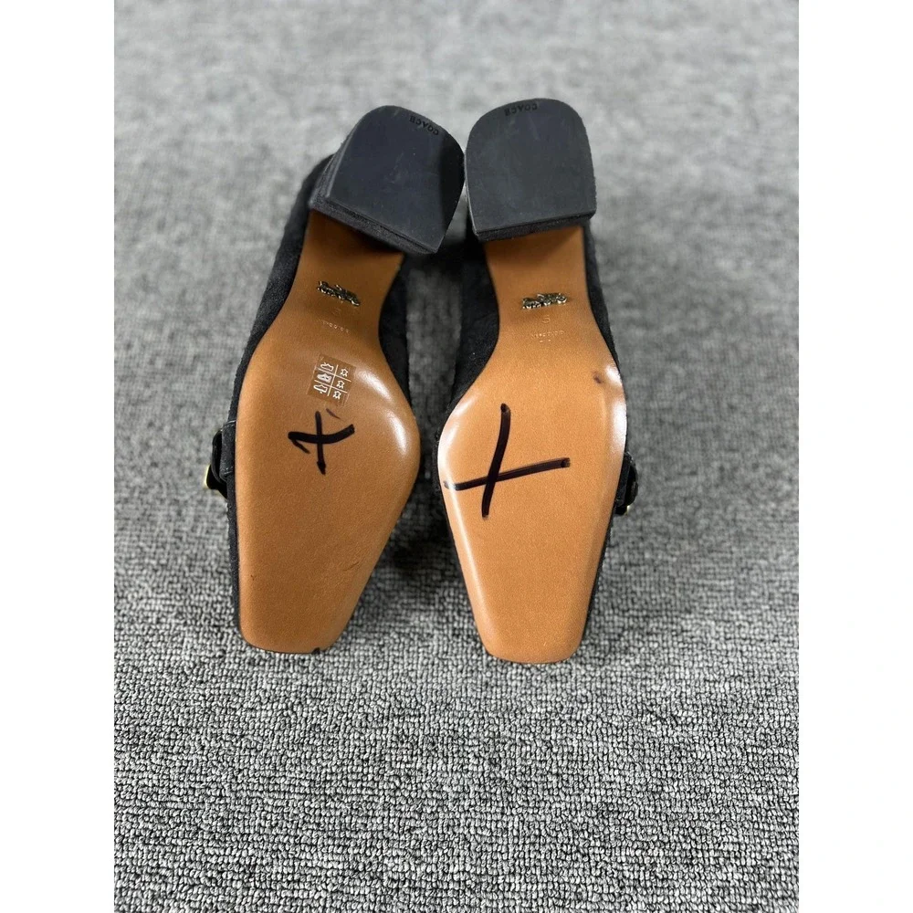 Coach Heels Womens 5 Black Suede Block Heel‎ Buckle Square Toe Pump G2391